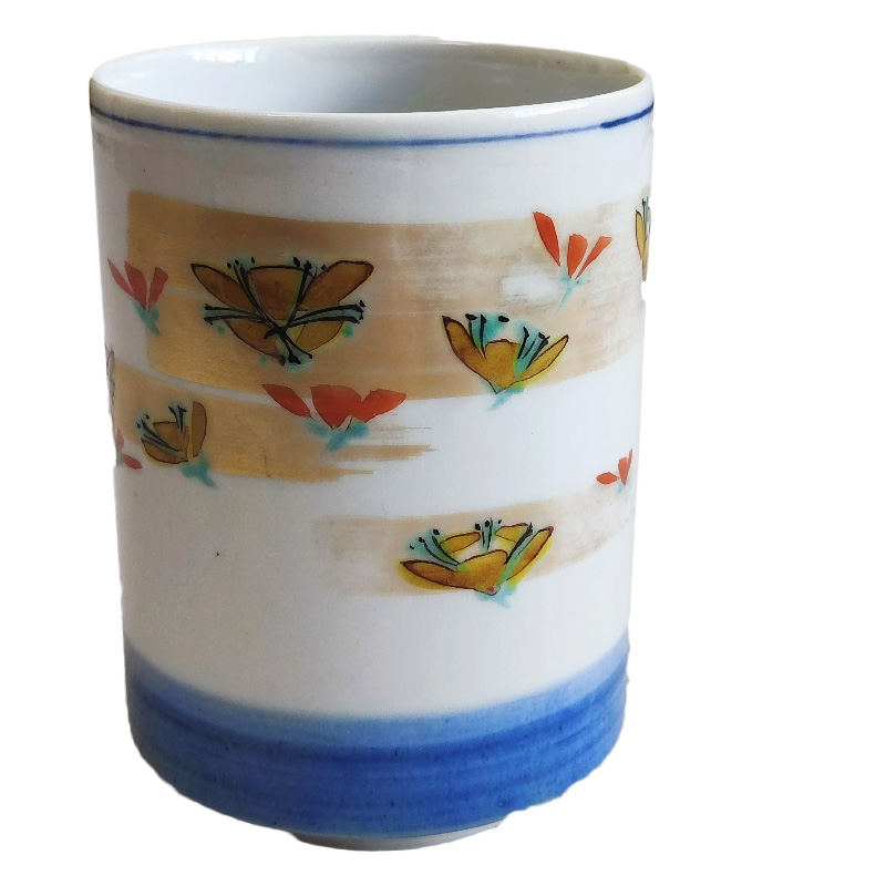 日本中古瓷器健底款汤吞杯茶杯日式茶道具 金彩花卉纹 无盒 包邮