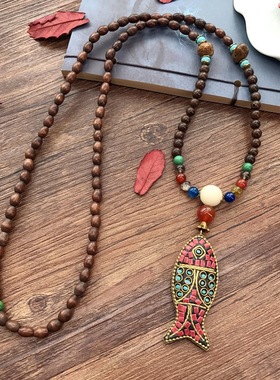 尼泊尔复古民族风长款项链毛衣链鸡翅木男女菩提佛珠时尚百搭配