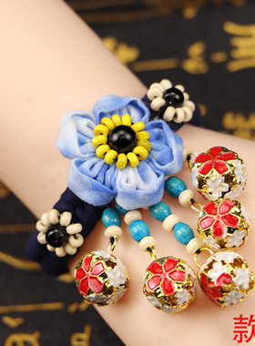 苗翎|云南民族大理白族纯手工扎染蓝染布艺铃铛花朵女手串链舞蹈