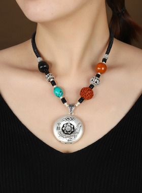 苗翎|复古民族风仿银饰短款锁骨链女藏银蜜蜡项链毛衣链棉麻配饰