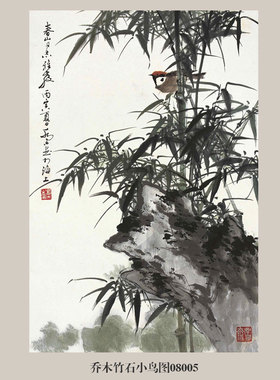 乔木墨竹兰花图花鸟画挂画古代
