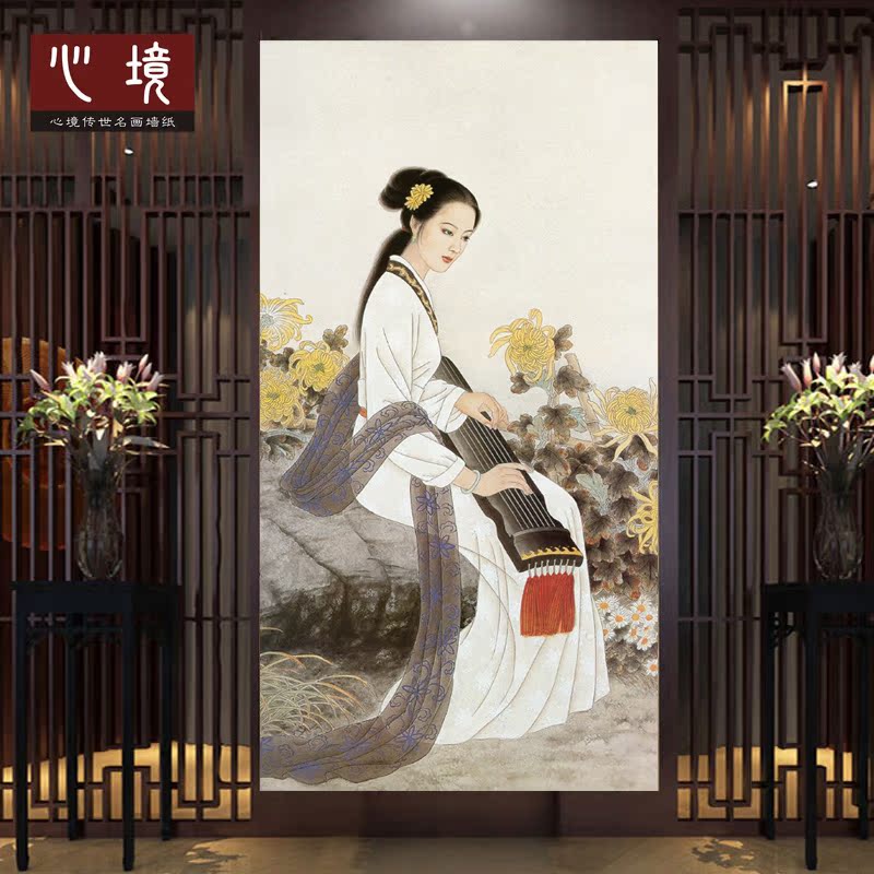 定制名家仕女工笔画酒店书房卧室客厅沙发茶楼馆5D壁画墙纸背景墙