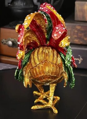金属珐琅彩镶钻新中式大红公鸡摆件家居饰品中式凤尾公鸡招财礼品