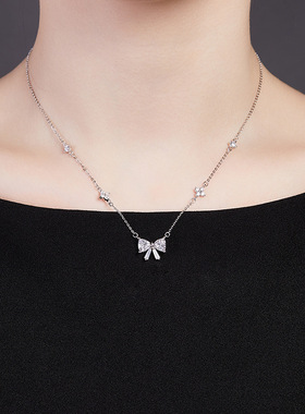 S925纯银镶嵌锆石蝴蝶结吊坠项链女轻奢小众高级感设计锁骨链批发