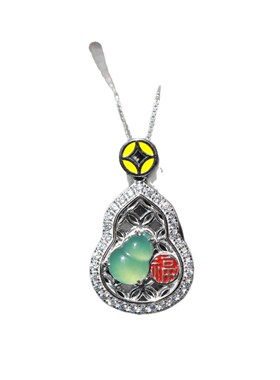 s925银镶天然翡翠葫芦镂空福字钱币福禄吉祥带证项链礼服通勤首饰