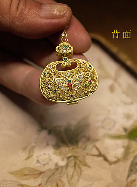 S925纯银镶嵌满绿天然翡翠吊坠金色古法国潮风古风如意葫芦香囊开