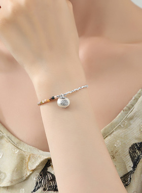 S925纯银阿拉善方糖碎银子手链女新中式精致小胖福手饰情人节礼物