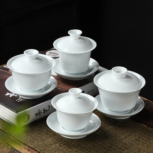羊脂玉瓷三才盖碗家用功夫茶具泡茶器活动店铺开业logo定制伴手礼 - 图1