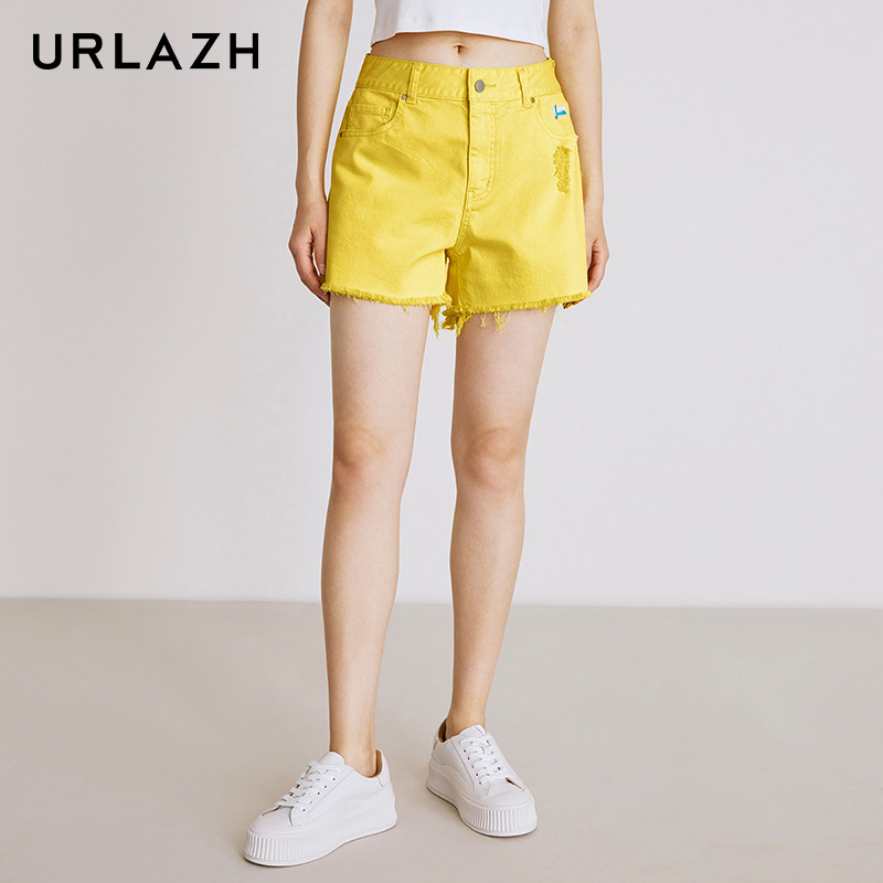 URLAZH有兰夏季新款时尚柠檬黄休闲宽松直筒高腰毛边牛仔短裤女,淘宝优惠券,粉丝福利购,淘宝优惠卷