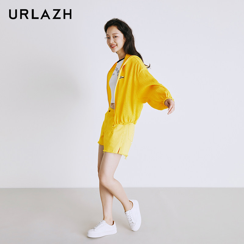 URLAZH有兰夏季新款时尚柠檬黄休闲宽松直筒高腰毛边牛仔短裤女,淘宝优惠券,粉丝福利购,淘宝优惠卷