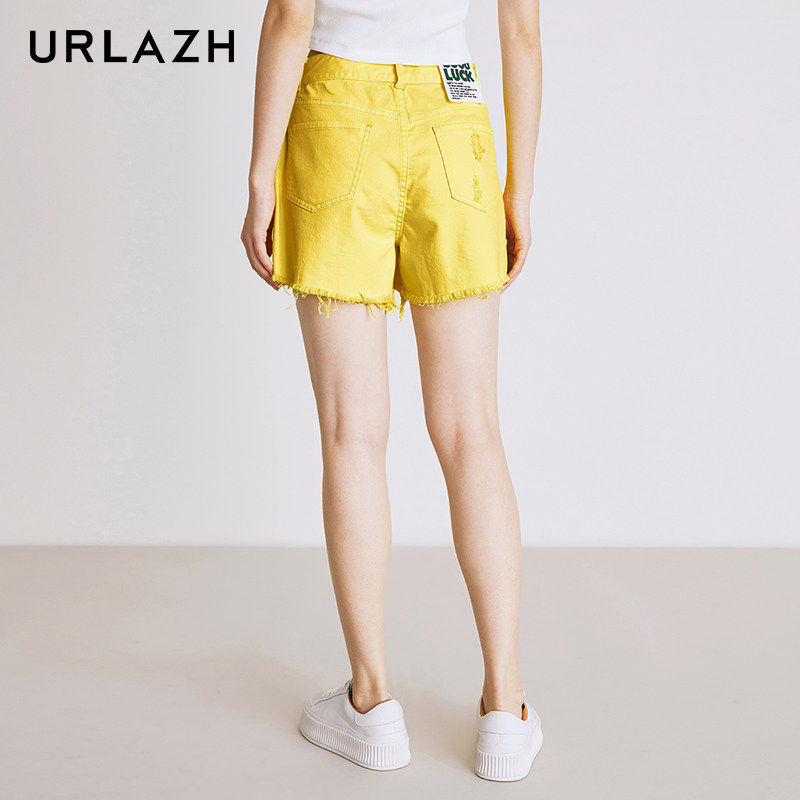 URLAZH有兰夏季新款时尚柠檬黄休闲宽松直筒高腰毛边牛仔短裤女,淘宝优惠券,粉丝福利购,淘宝优惠卷