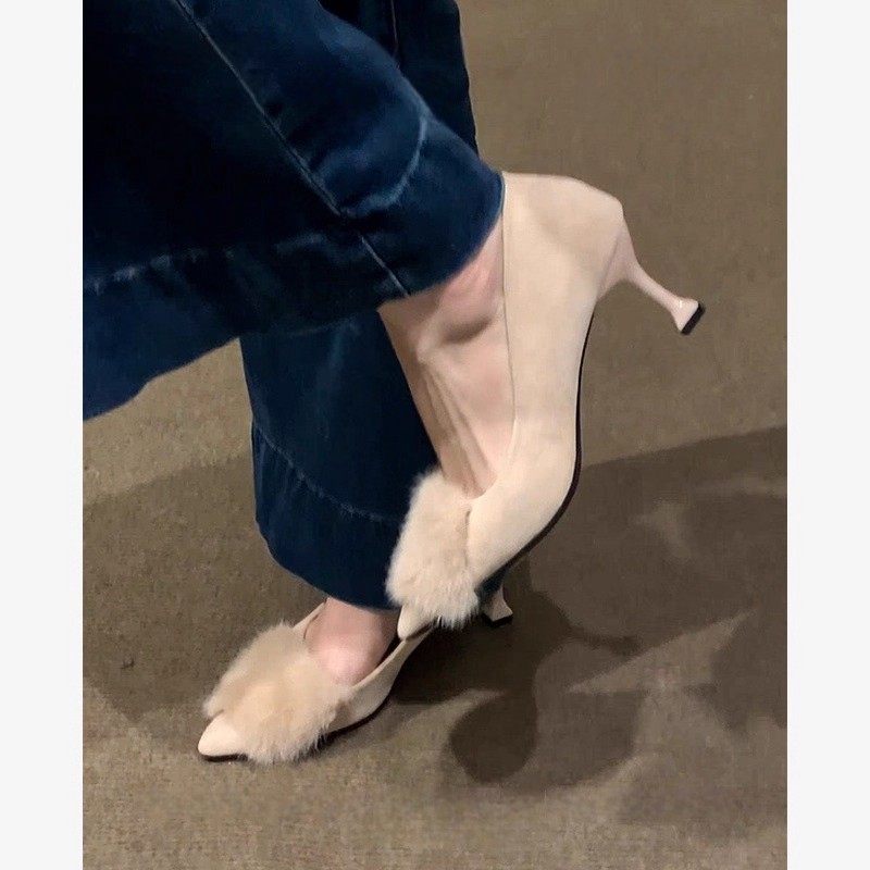 法式气质毛毛高跟鞋2025秋冬新款加绒单鞋尖头法式旗袍细跟女鞋,淘宝优惠券,粉丝福利购,淘宝优惠卷