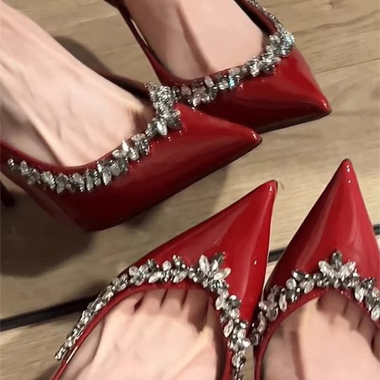 Burgundy rhinestones and high heels women's pointed toe patent leather