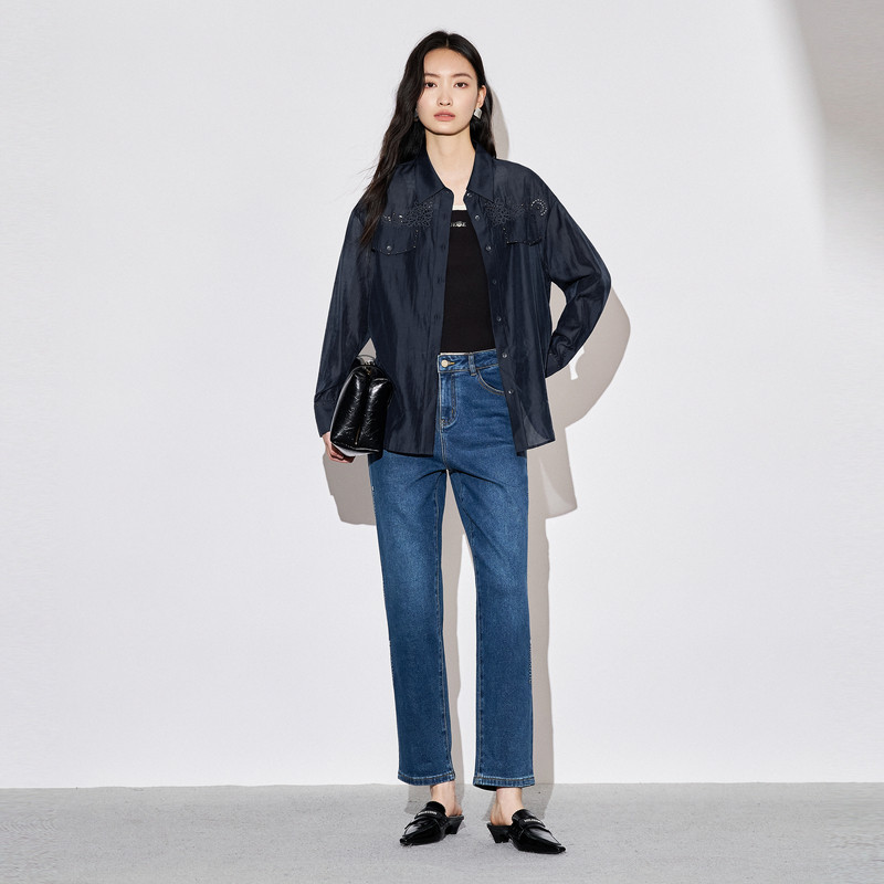 XG雪歌复古水洗设计蓝色牛仔裤时尚秋季新款字母印花通勤直筒裤女,淘宝优惠券,粉丝福利购,淘宝优惠卷