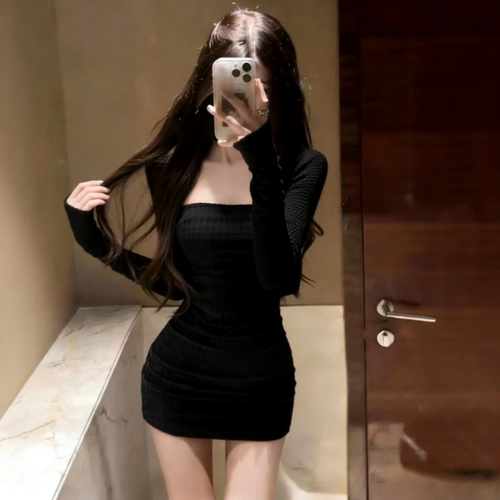 iqcq辣妹纯欲风修身显瘦抹胸包臀连衣裙气质黑色长袖开衫外套套装 - 图0
