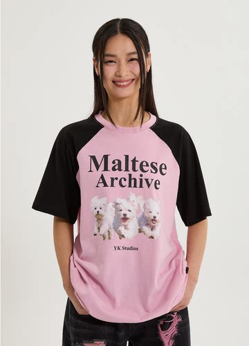 韩国正品waikei短袖三只狗狗印花撞色圆领t恤修身宽松男女情侣ins - 图1