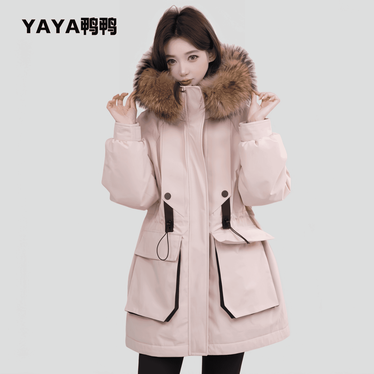 鸭鸭工装大毛领派克羽绒服女2025冬季新款中长款防风工装加厚外套,淘宝优惠券,粉丝福利购,淘宝优惠卷