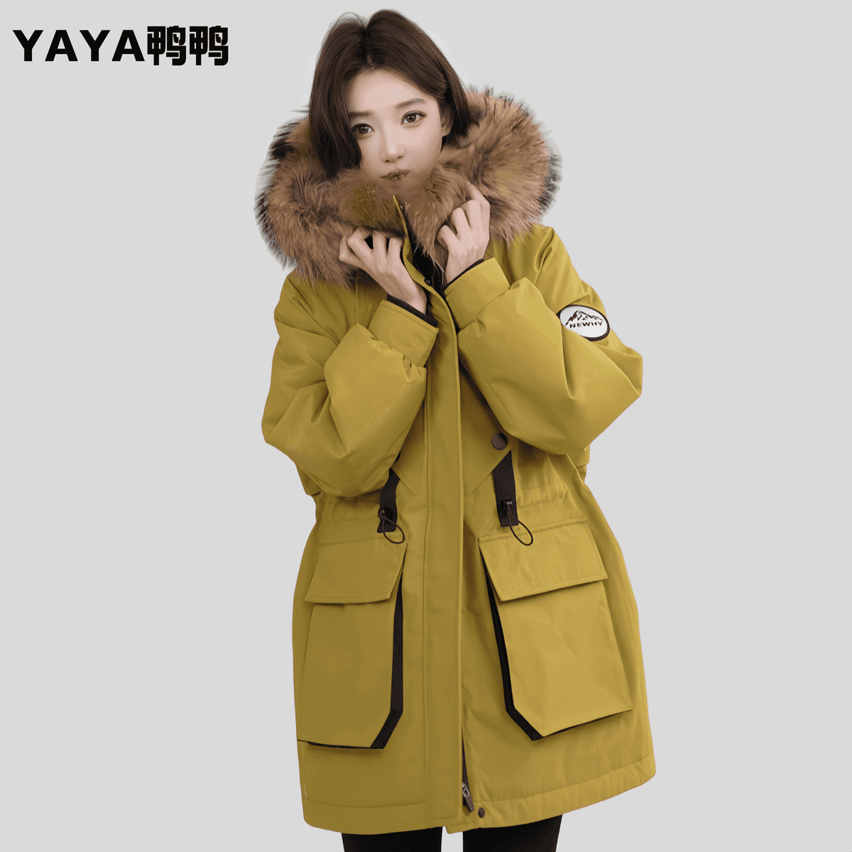 鸭鸭工装大毛领派克羽绒服女2025冬季新款中长款防风工装加厚外套,淘宝优惠券,粉丝福利购,淘宝优惠卷