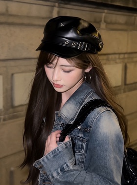 韩系复古PU皮质贝雷帽女小众气质文艺八角帽英伦显脸小画家帽子