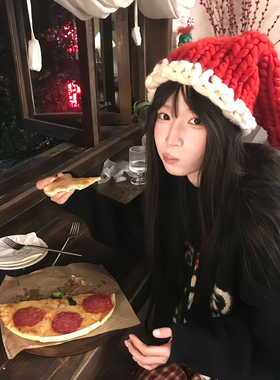 圣诞快乐~圣诞节红色帽子女秋冬保暖针织毛线帽节日氛围拍照冷帽
