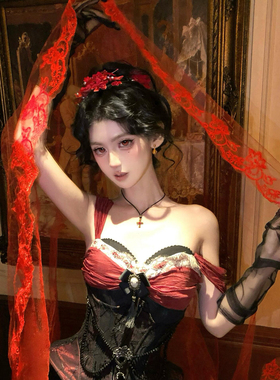 万圣节红色蕾丝花边头纱cos