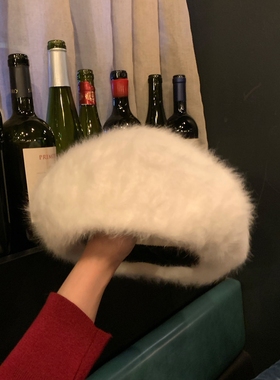 白色毛绒帽子女秋冬百搭贝雷帽