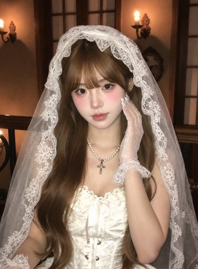 万圣节头饰鬼新娘复古白色蕾丝头纱领证结婚生日拍照道具婚纱发饰