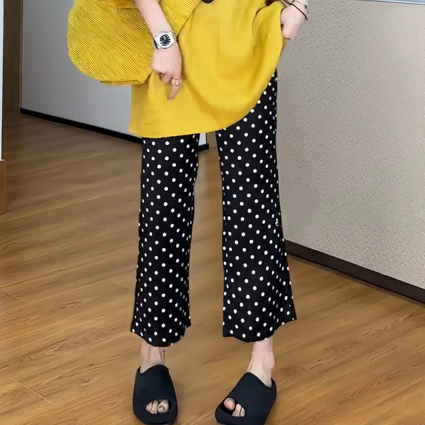 高腰波点百搭休闲裤女春夏新款大码胖MM流行显瘦微喇叭九分裤子潮,淘宝优惠券,粉丝福利购,淘宝优惠卷