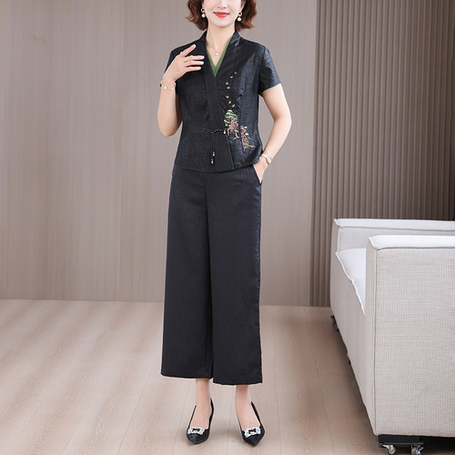 仿香云纱龟纹套装女2025新款夏季高端桑蚕丝国风上衣直筒裤两件套 - 图0