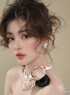 法式新娘缎面香槟色花朵头饰发饰项链发带手套婚纱黑色礼服配饰品