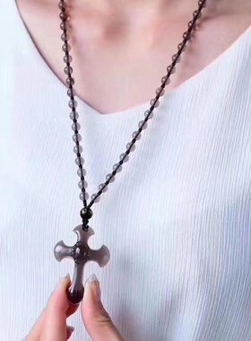 合成冰种黑曜石十字架水晶吊坠男女款生日礼物毛衣链送妈妈