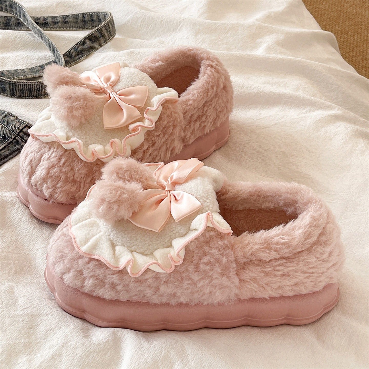 可爱蝴蝶结棉拖鞋女冬季室内居家月子鞋毛绒保暖防滑厚底包跟棉鞋,淘宝优惠券,粉丝福利购,淘宝优惠卷