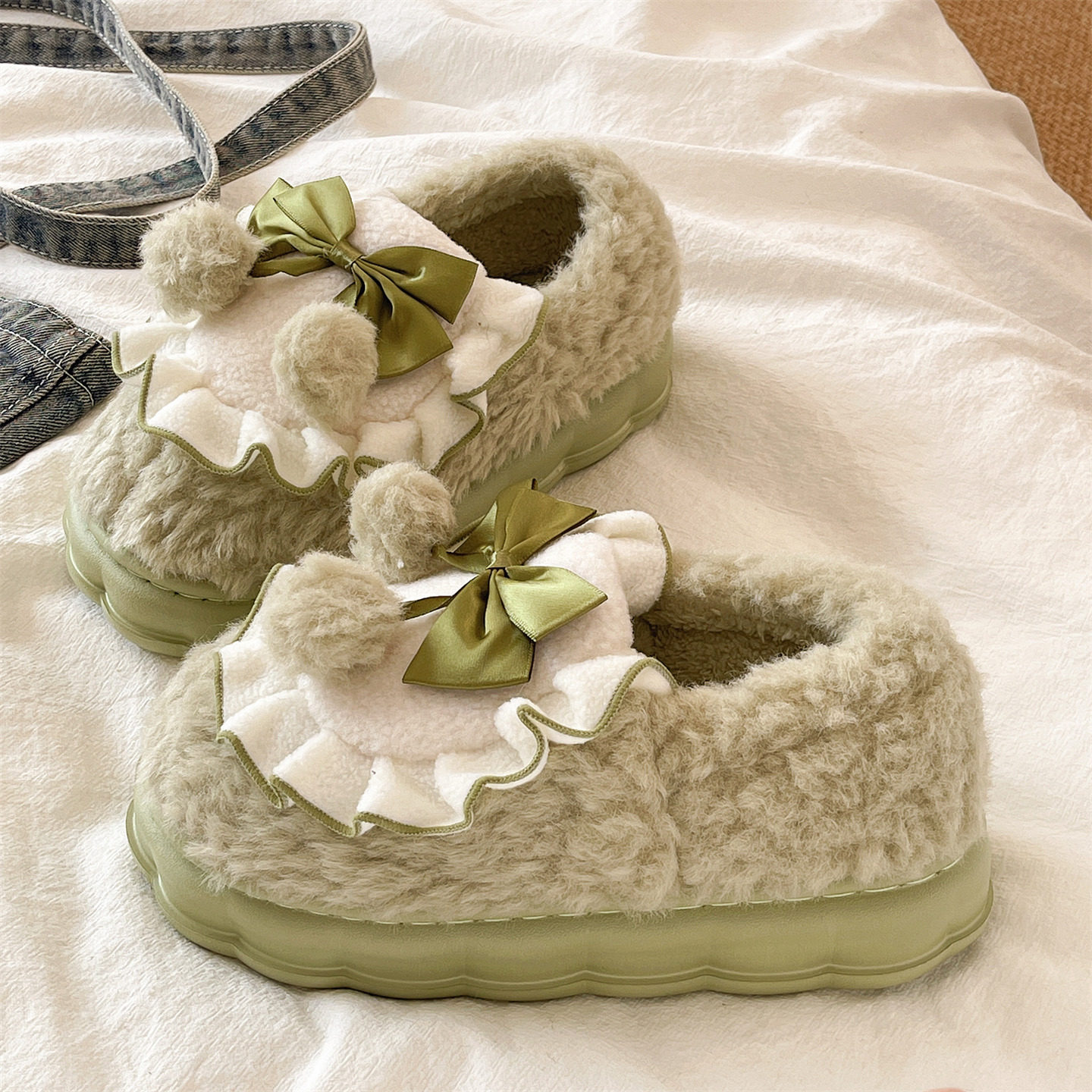 可爱蝴蝶结棉拖鞋女冬季室内居家月子鞋毛绒保暖防滑厚底包跟棉鞋,淘宝优惠券,粉丝福利购,淘宝优惠卷