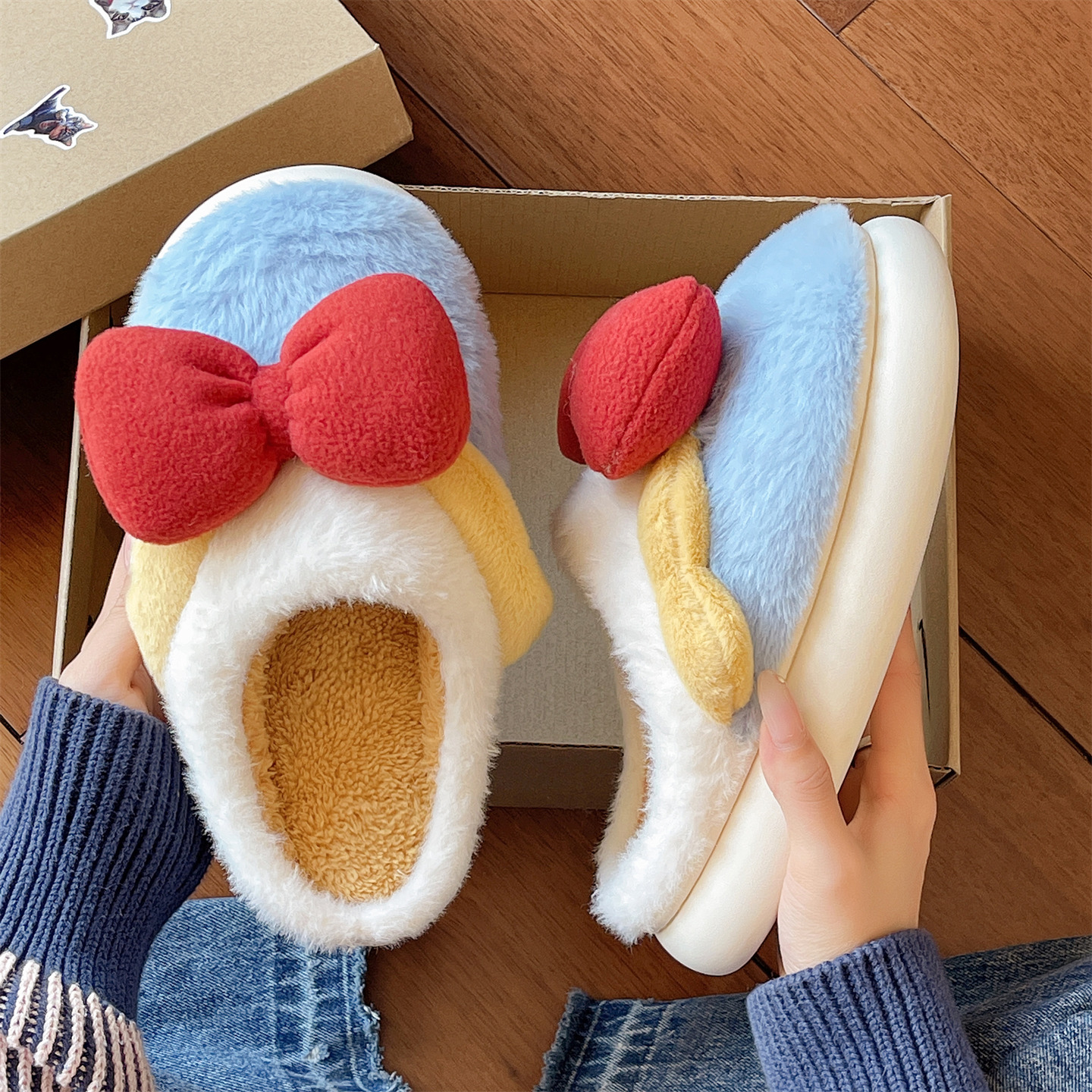 毛毛拖女冬季可爱蝴蝶结拼色居家室内包头保暖防滑毛绒月子棉拖鞋 - 图2