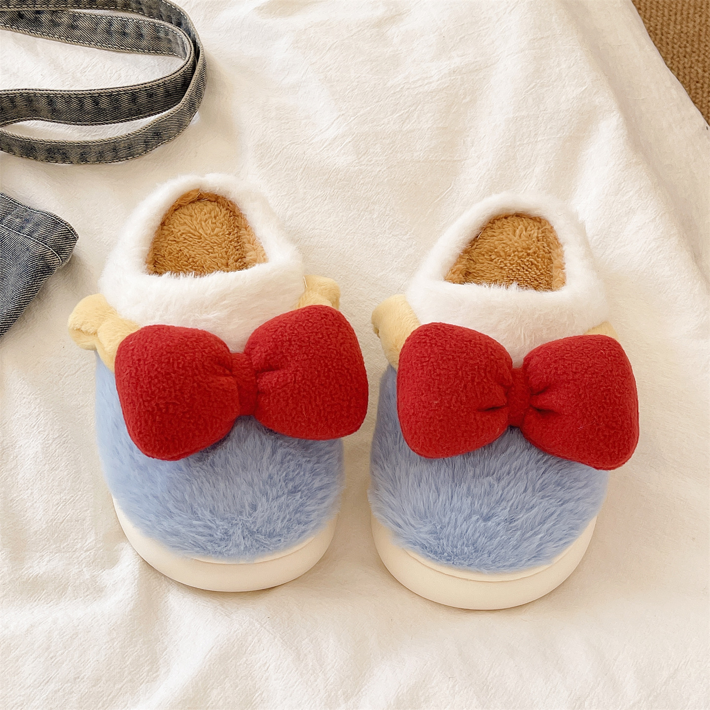 毛毛拖女冬季可爱蝴蝶结拼色居家室内包头保暖防滑毛绒月子棉拖鞋 - 图1