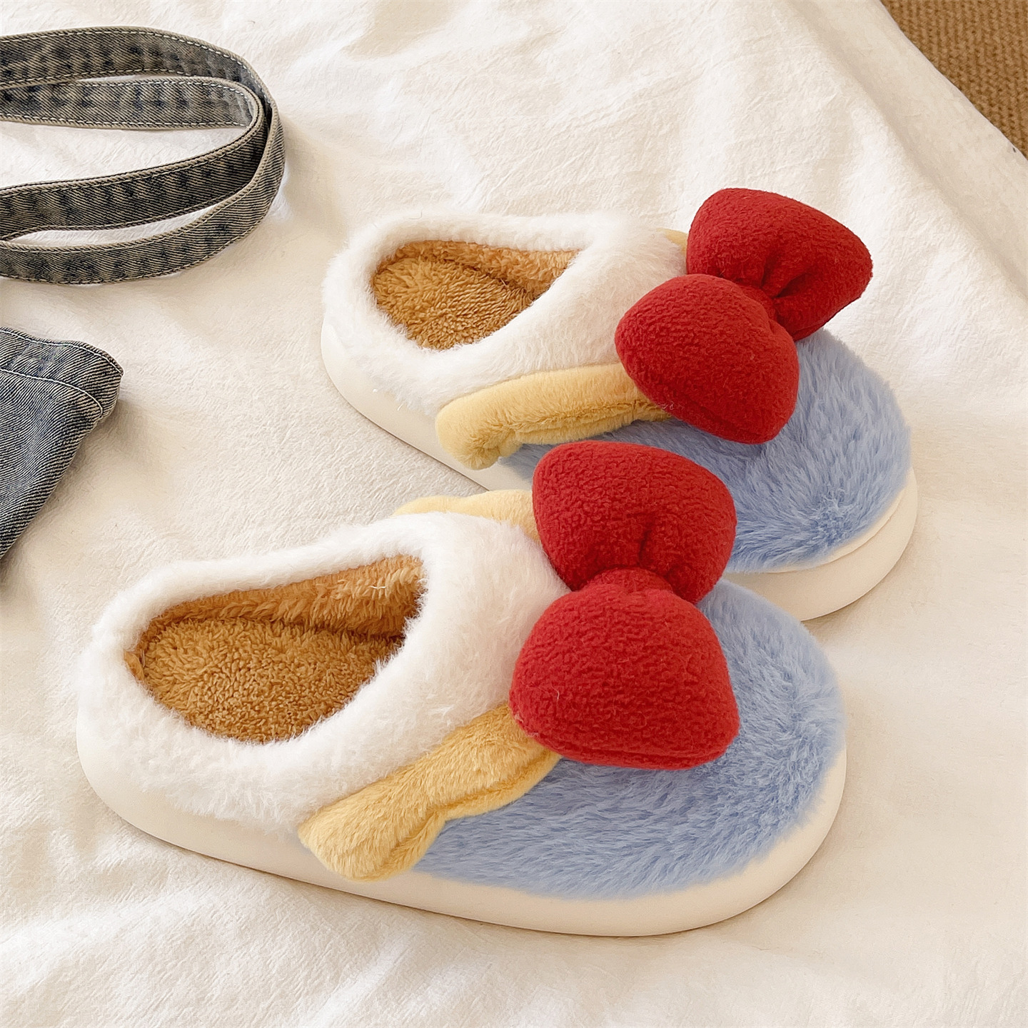 毛毛拖女冬季可爱蝴蝶结拼色居家室内包头保暖防滑毛绒月子棉拖鞋 - 图0