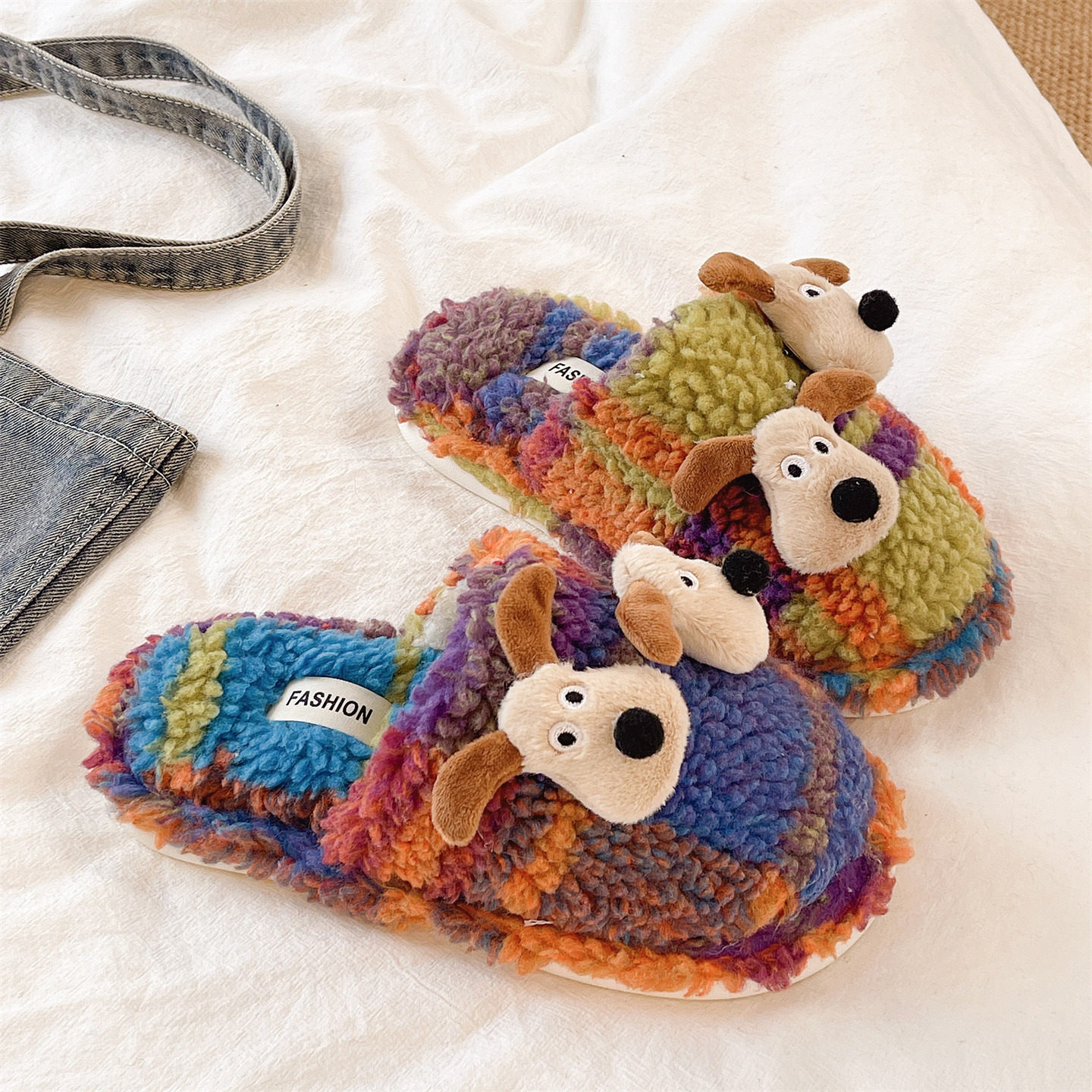 毛毛拖鞋女冬季室内居家可爱小狗拼色加绒保暖厚底防滑包头棉拖鞋,淘宝优惠券,粉丝福利购,淘宝优惠卷