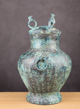仿古青铜器铭文双环瓶带盖铜壶盛酒器复古家居工艺礼品摆件