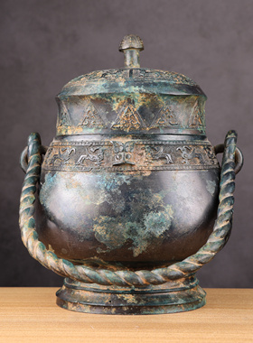 仿古青铜器提梁卣盛酒器光皮绿锈青铜古玩工艺品展厅酒柜博古架