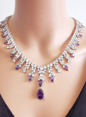2026奢华时尚复古浪漫紫色水滴锆石项链耳环结婚首饰婚纱宴会饰品