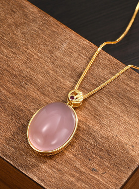 通体S925纯银项链女国风简约天然粉玉椭圆吊坠项链鸽子蛋锁骨链