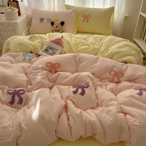 ins韩系床上四件套纯棉全棉2026新款蝴蝶结毛巾绣学生宿舍三件套4 - 图3