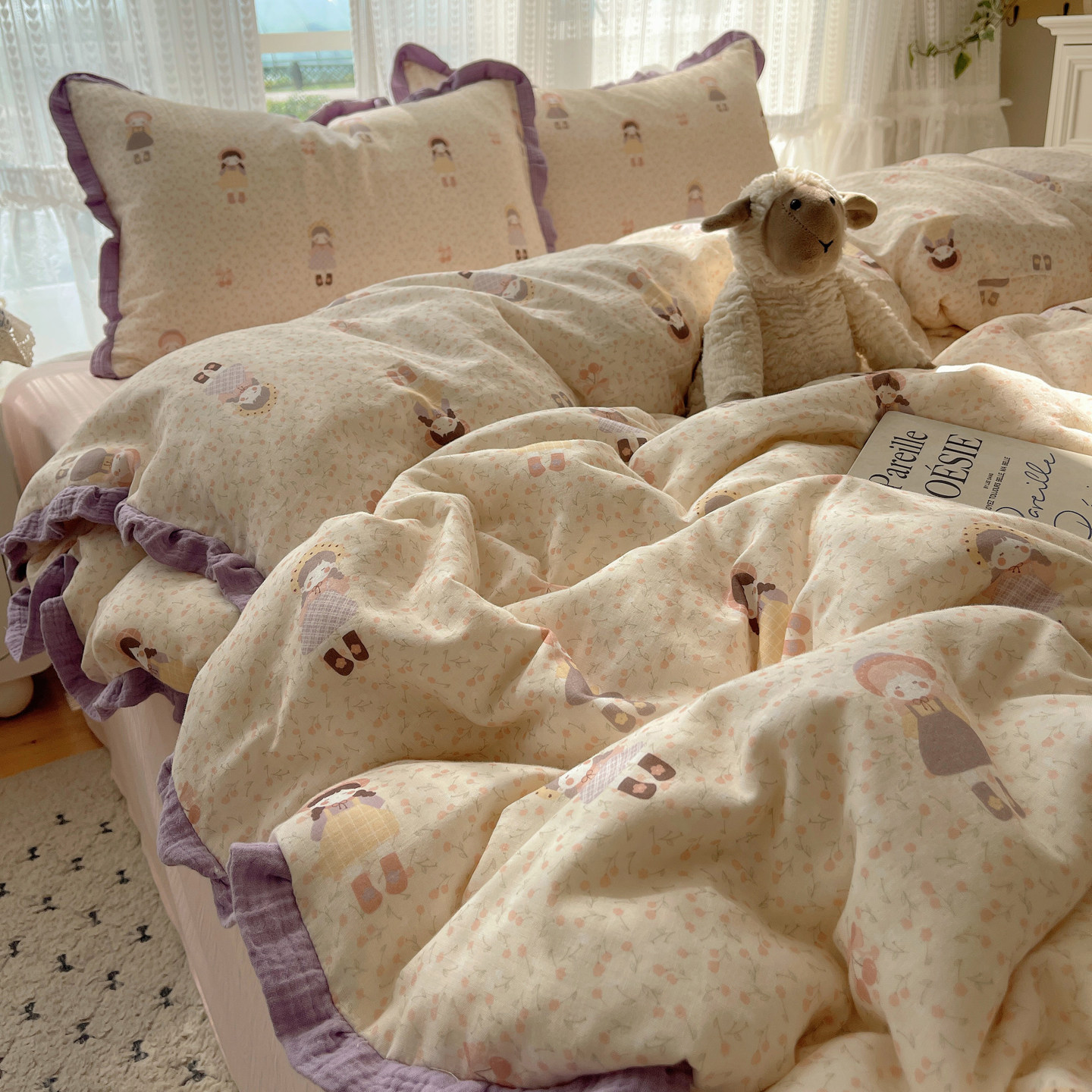 ins风可爱双层纱纯棉床上四件套全棉床单被套罩学生宿舍三件套夏4,淘宝优惠券,粉丝福利购,淘宝优惠卷