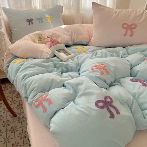 ins韩系床上四件套纯棉全棉2026新款蝴蝶结毛巾绣学生宿舍三件套4 - 图1