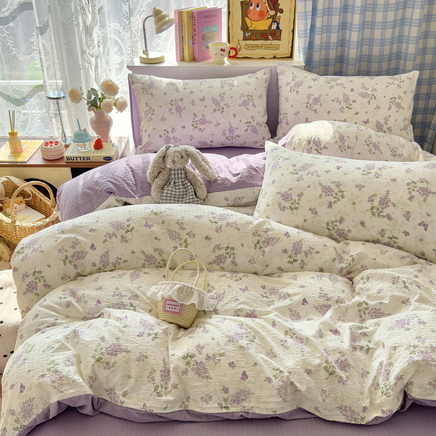 A类床上四件套双层纱2026新款纯棉全棉床单笠被套学生宿舍三件套4