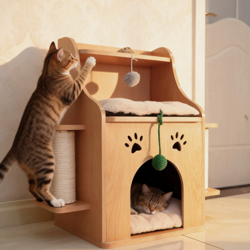 实木猫笼床头柜剑麻柱双层猫窝别墅人猫共用床边柜四季通用小猫舍,淘宝优惠券,粉丝福利购,淘宝优惠卷