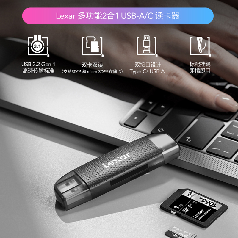 雷克沙TypeC读卡器二合一USB3.2双接口TF/SD内存卡OTG读卡器iPhone15手机电脑相机无人机行车记录仪通用 - 图1