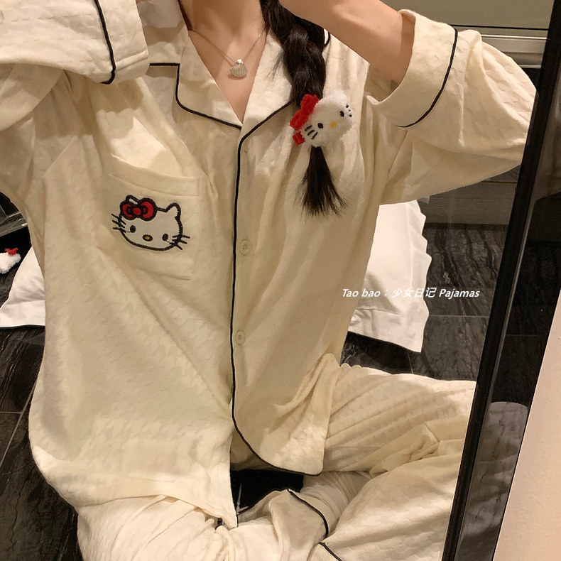 纯棉hellokitty睡衣女可爱凯蒂猫韩国ins长袖春秋学生家居服套装 - 图2