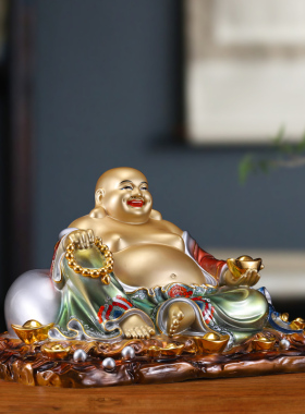 黄铜彩绘弥勒佛贴金笑佛神像摆件