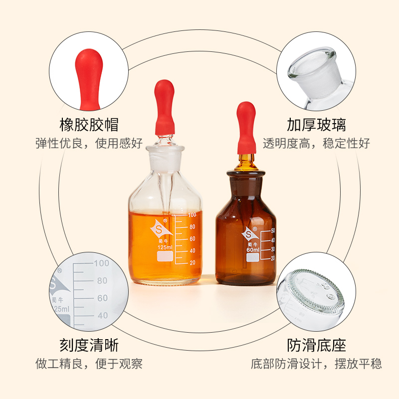 蜀牛玻璃滴瓶胶头滴管瓶棕色透明实验室3060 125ml碘伏酒精滴定瓶 - 图3